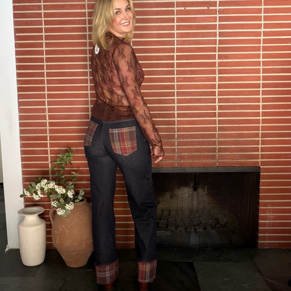 860. High-Waisted Dark Wash Denim Jeans With Plaid Cuffs