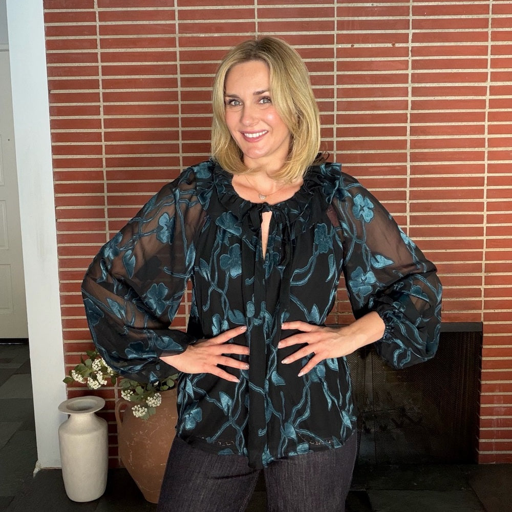 863. Current Air Black and Teal Sheer Top