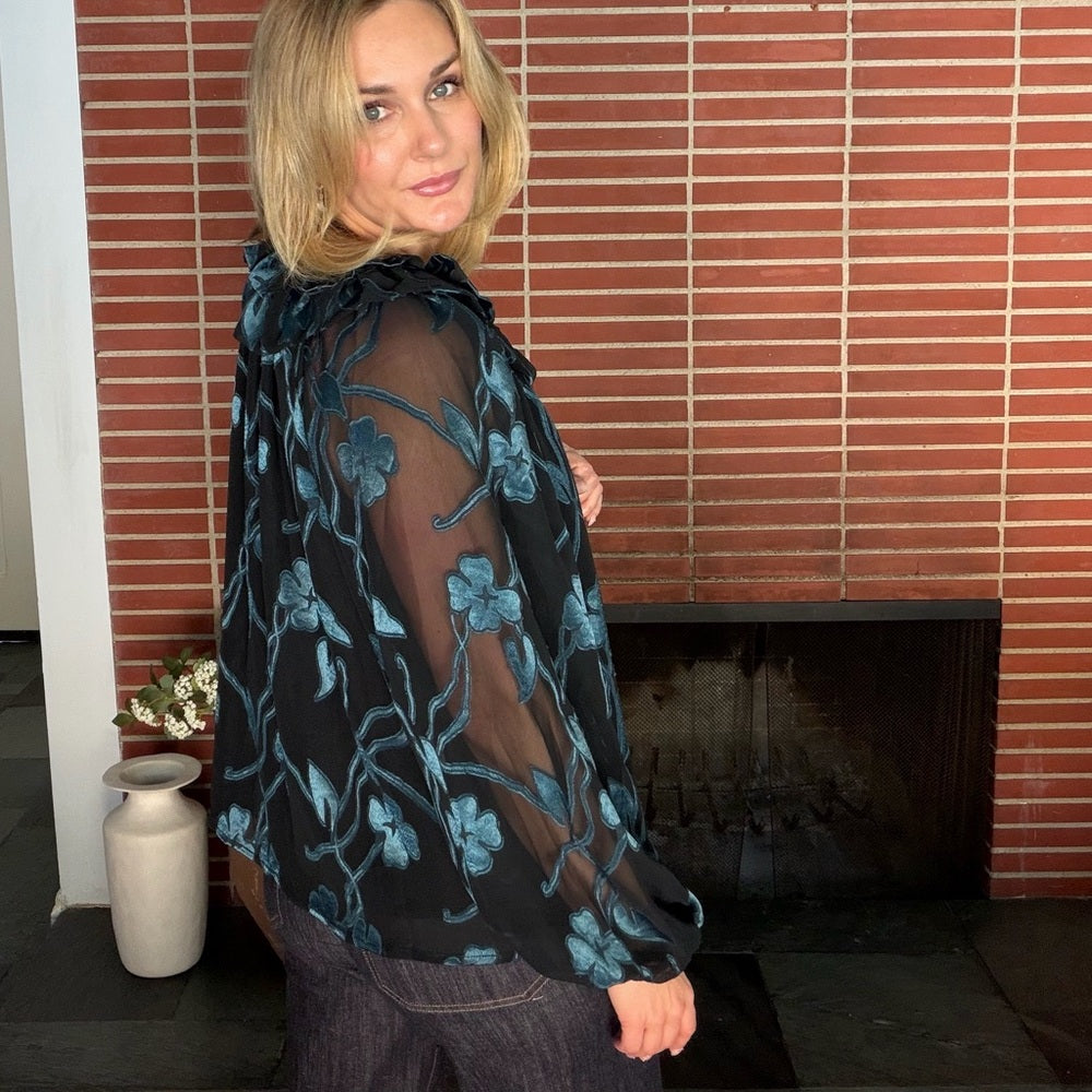 863. Current Air Black and Teal Sheer Top