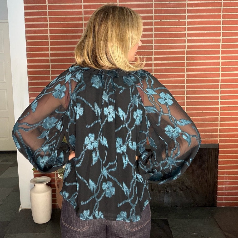 863. Current Air Black and Teal Sheer Top