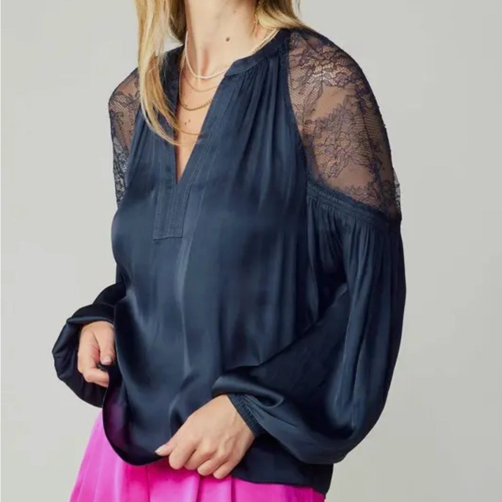 865. Current Air Navy Lace Sleeve Blouse