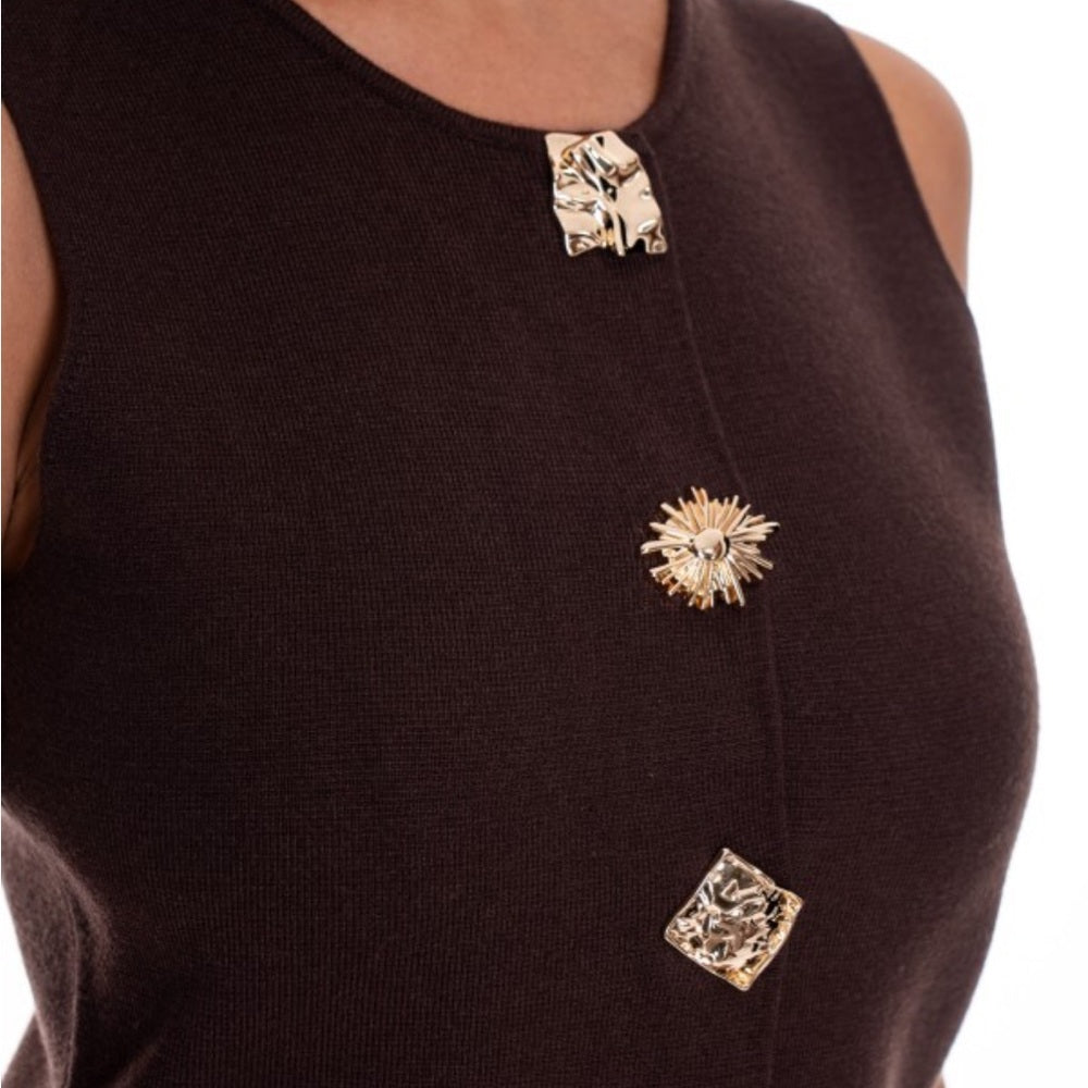 872. Brown Sleeveless Top with Gold Accent Buttons
