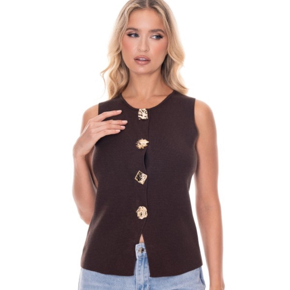 872. Brown Sleeveless Top with Gold Accent Buttons