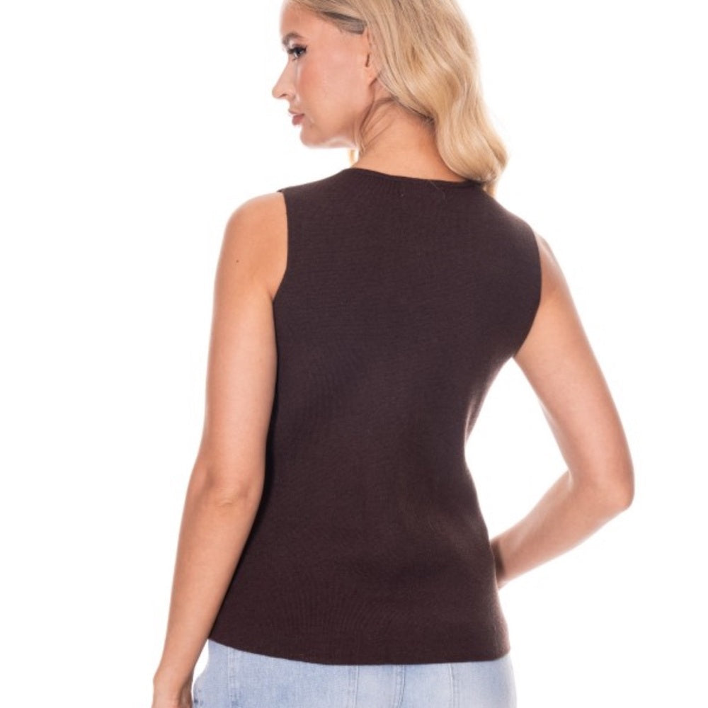 872. Brown Sleeveless Top with Gold Accent Buttons