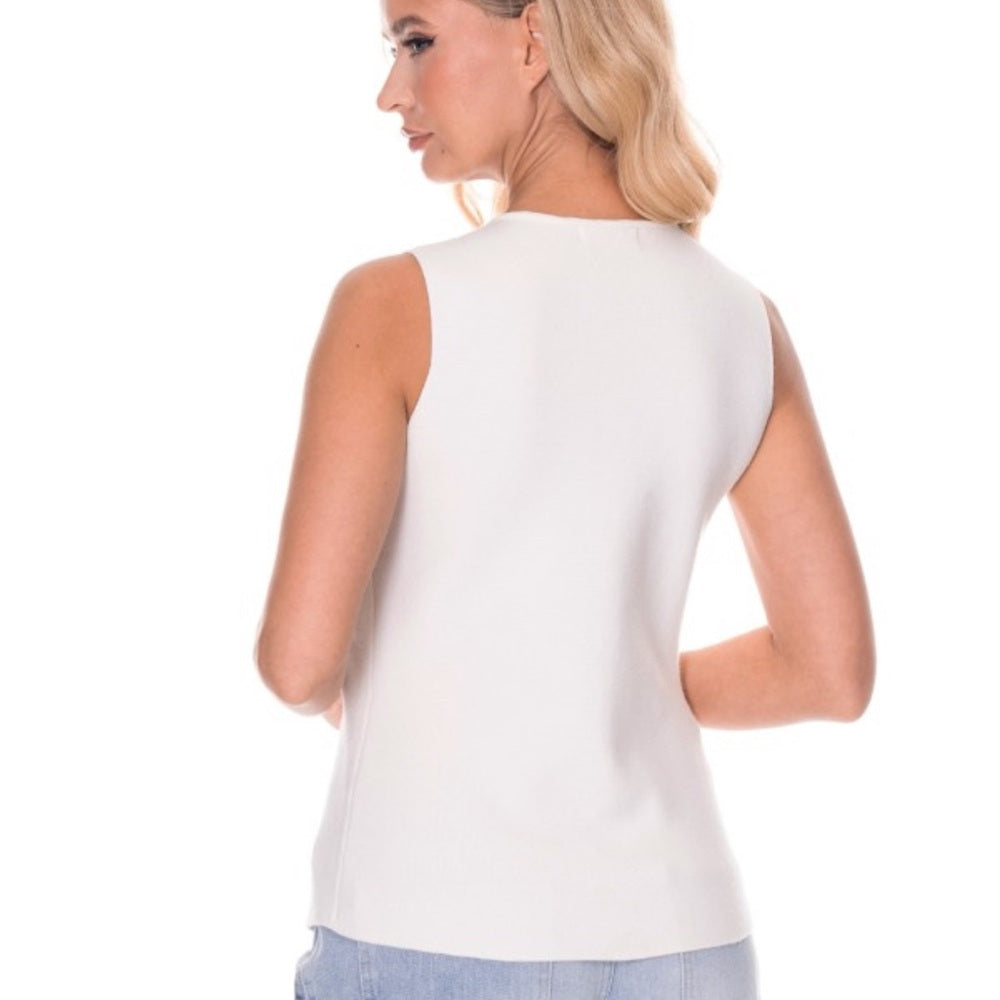 873. White Sleeveless Top with Gold Accent Button