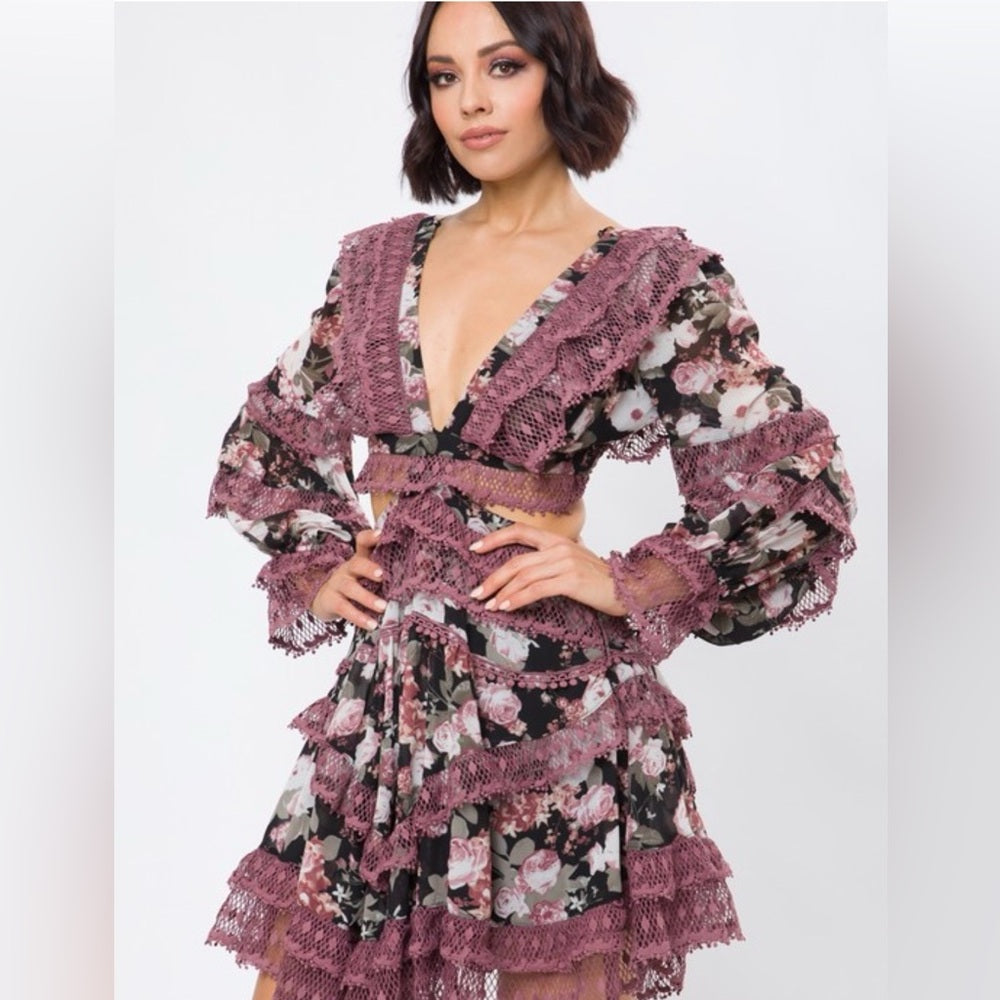877. Floral Long Sleeve Lace Ruffle Mini Dress With Criss-Cross Back