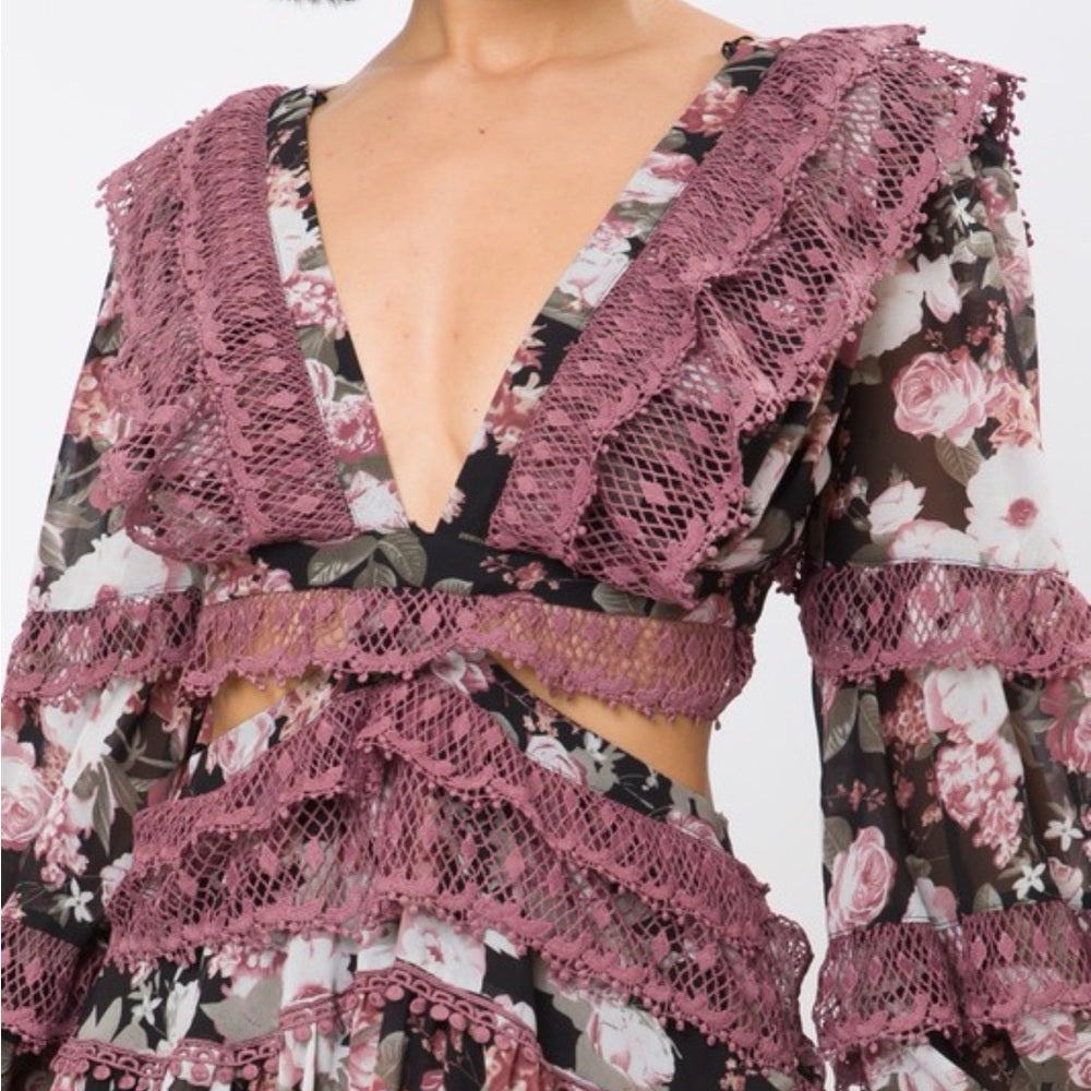 877. Floral Long Sleeve Lace Ruffle Mini Dress With Criss-Cross Back