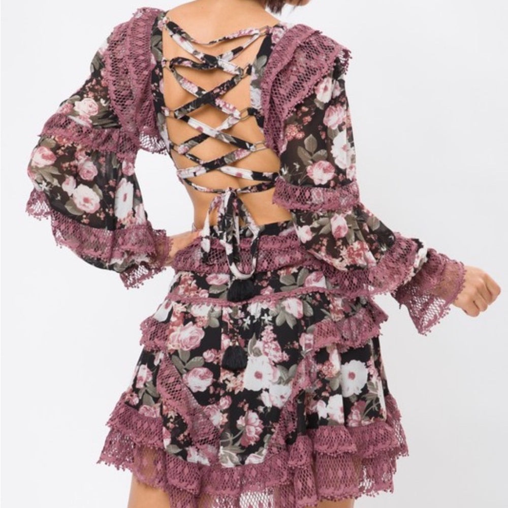 877. Floral Long Sleeve Lace Ruffle Mini Dress With Criss-Cross Back