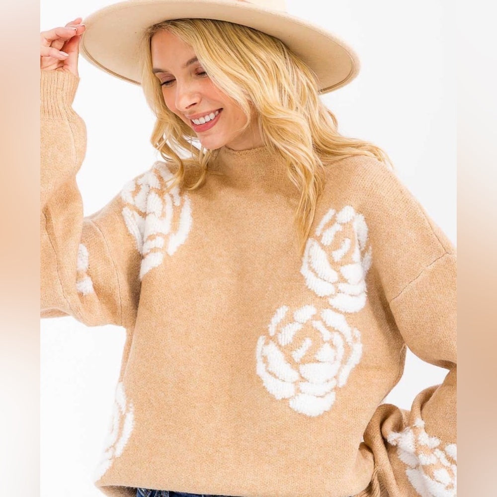 880. Tan Sweater with White Floral Design