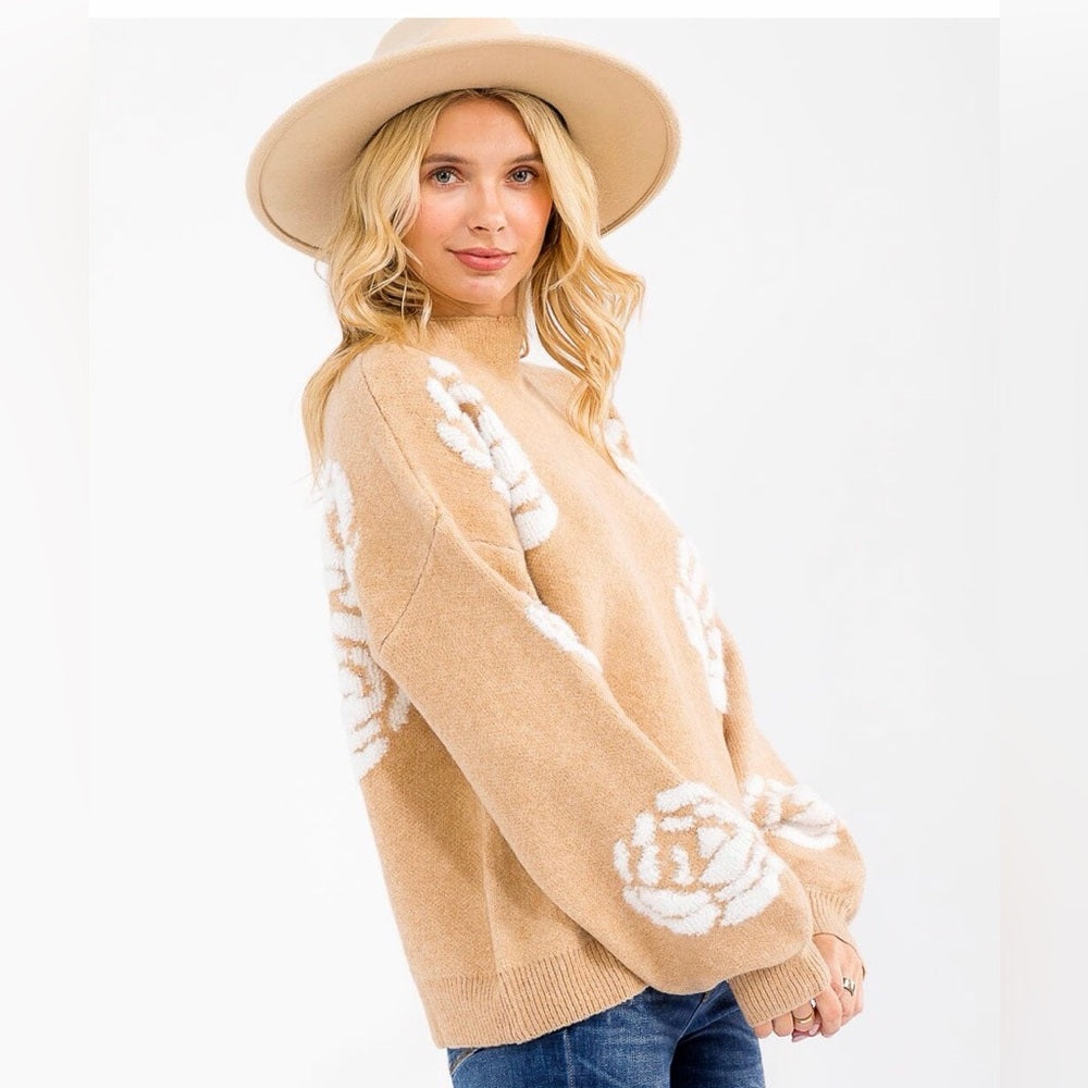 880. Tan Sweater with White Floral Design