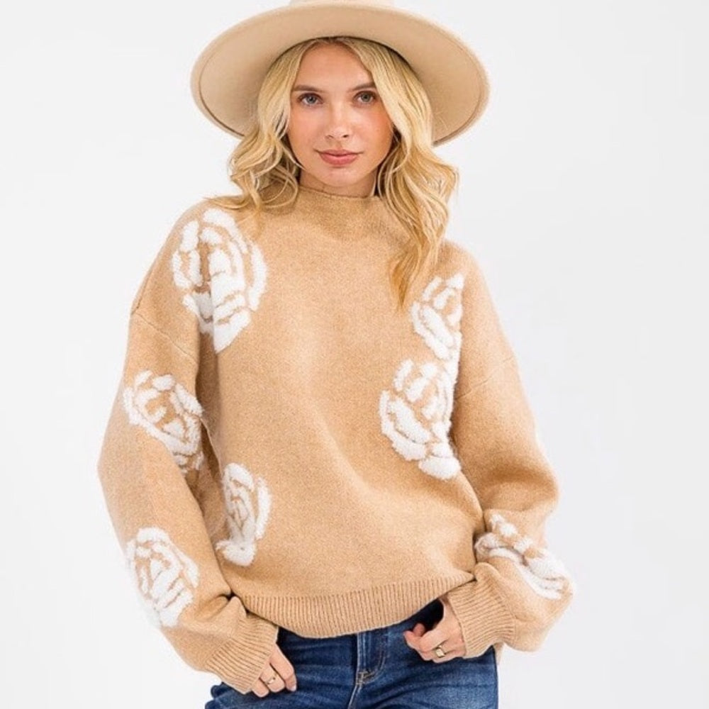 880. Tan Sweater with White Floral Design