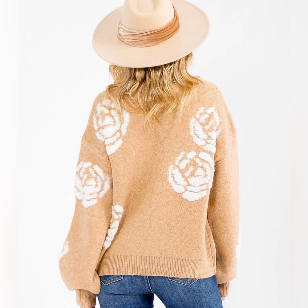 880. Tan Sweater with White Floral Design