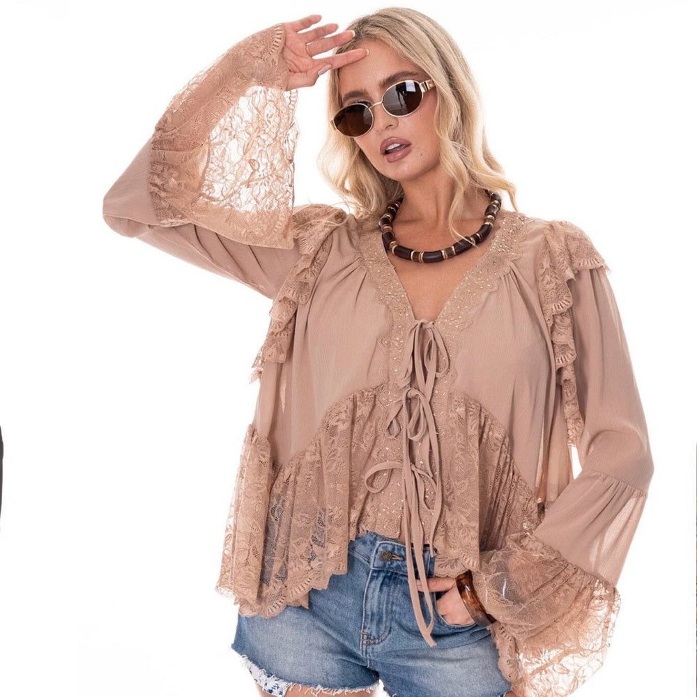 882. Tan Lace Front Toe Long Sleeve Top