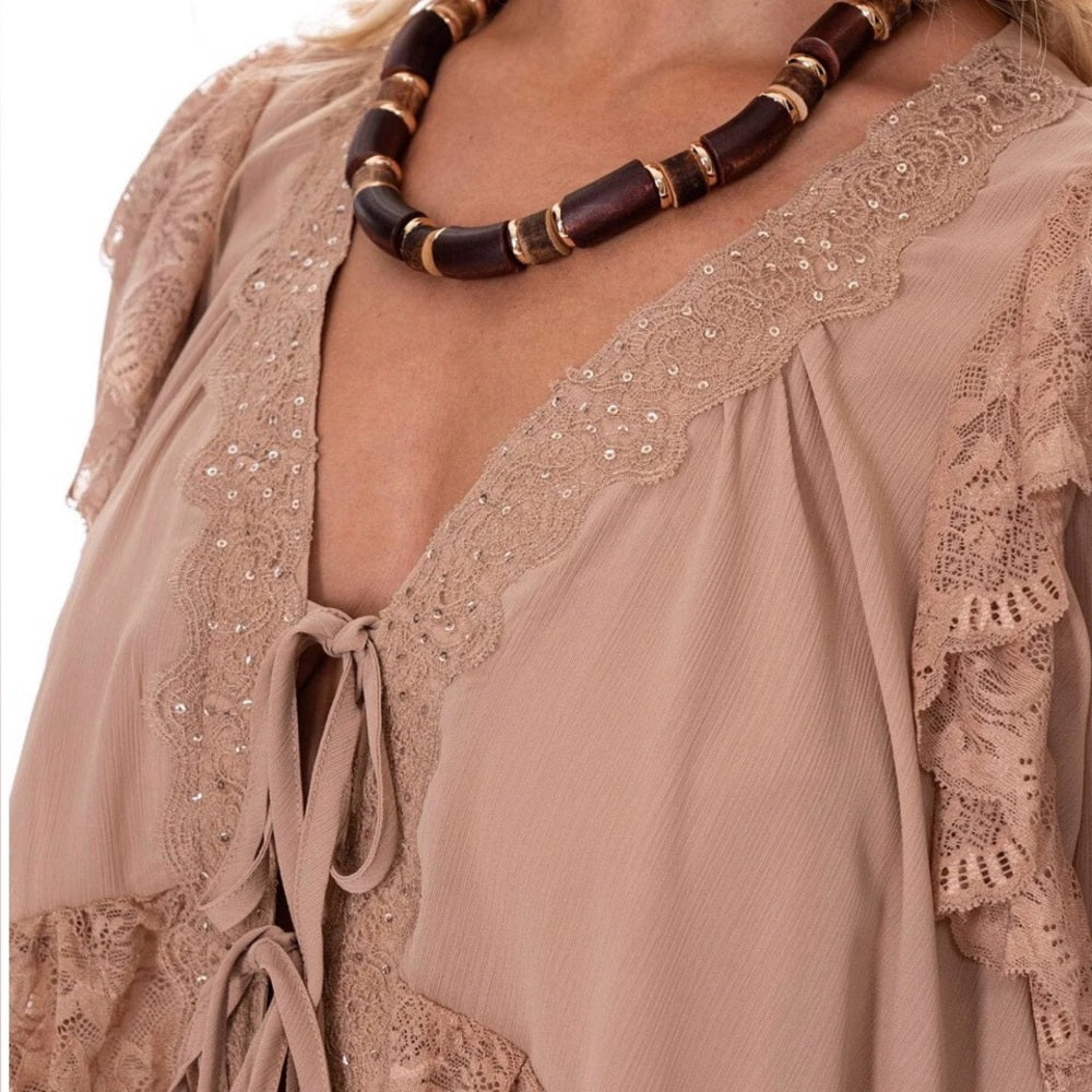 882. Tan Lace Front Toe Long Sleeve Top