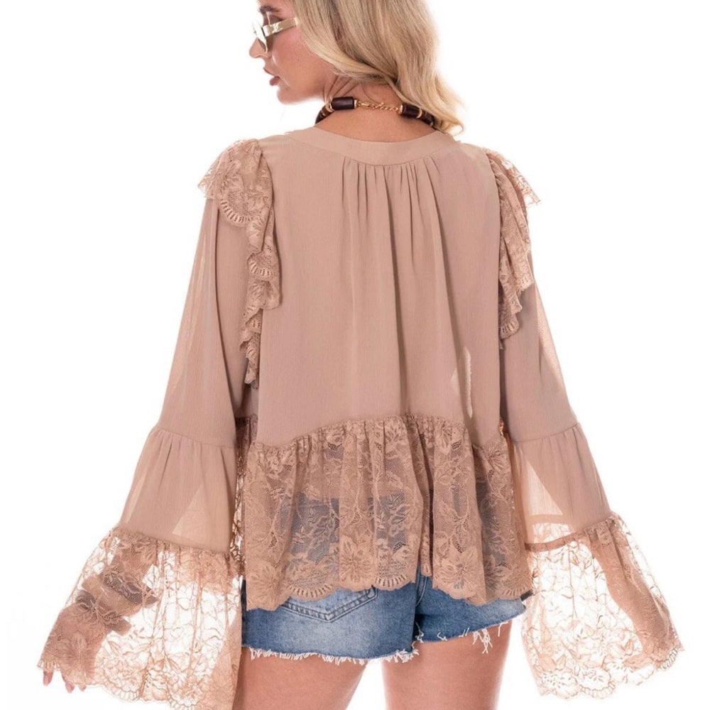 882. Tan Lace Front Toe Long Sleeve Top