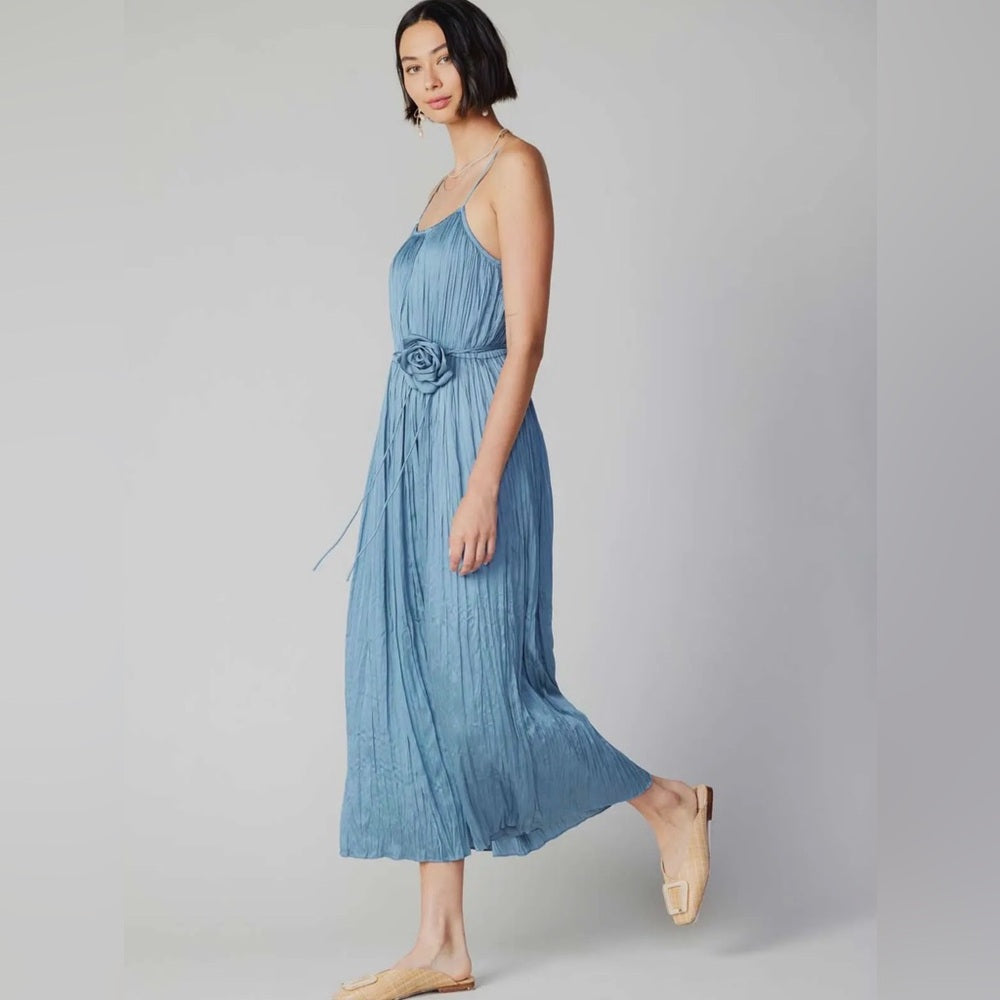 899. Current Air Blue Rosette Pleated Maxi Dress