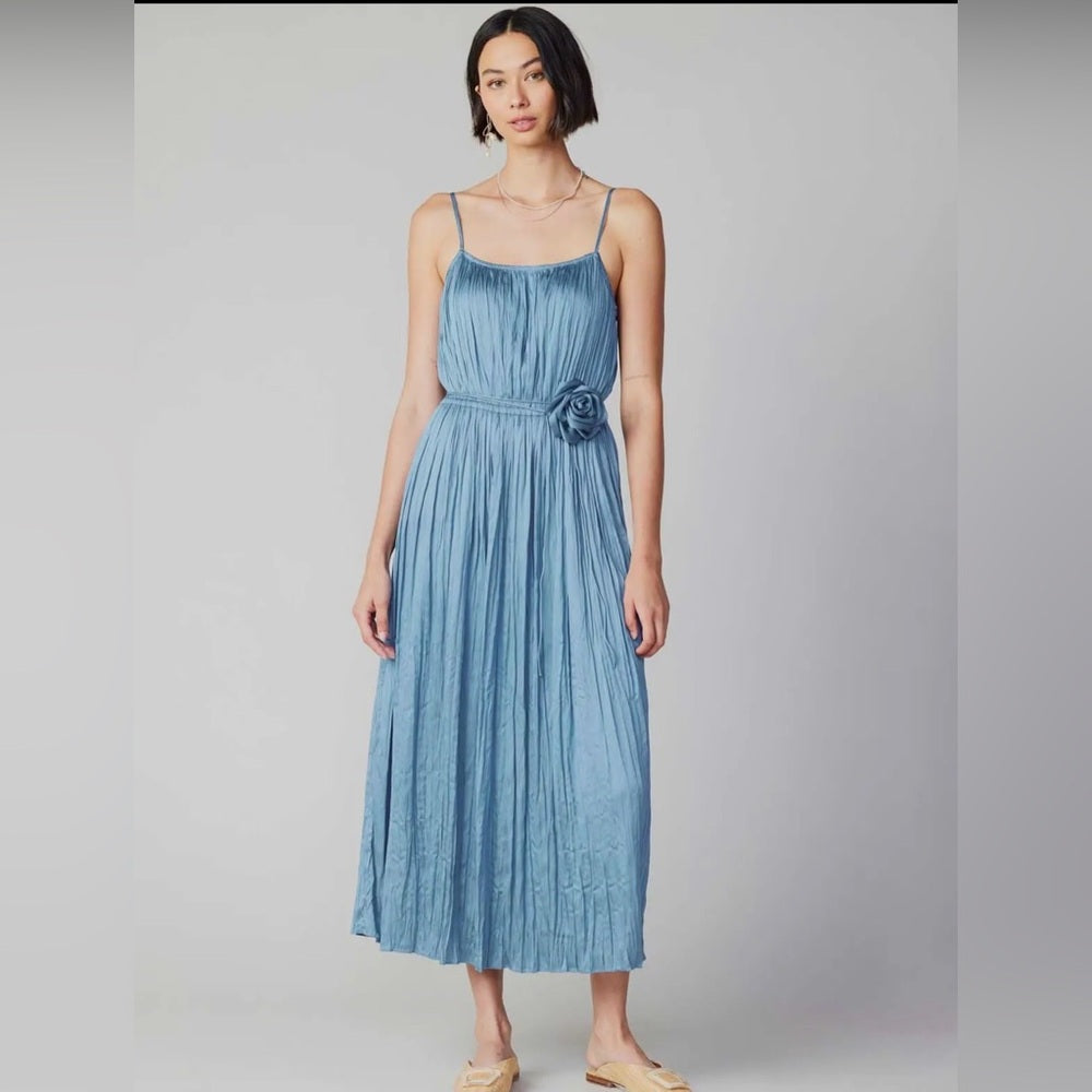 899. Current Air Blue Rosette Pleated Maxi Dress