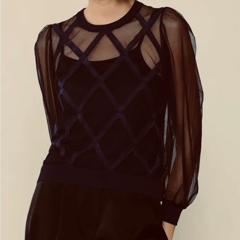 904. Current Air Black Sheer Diamond Print Sweater