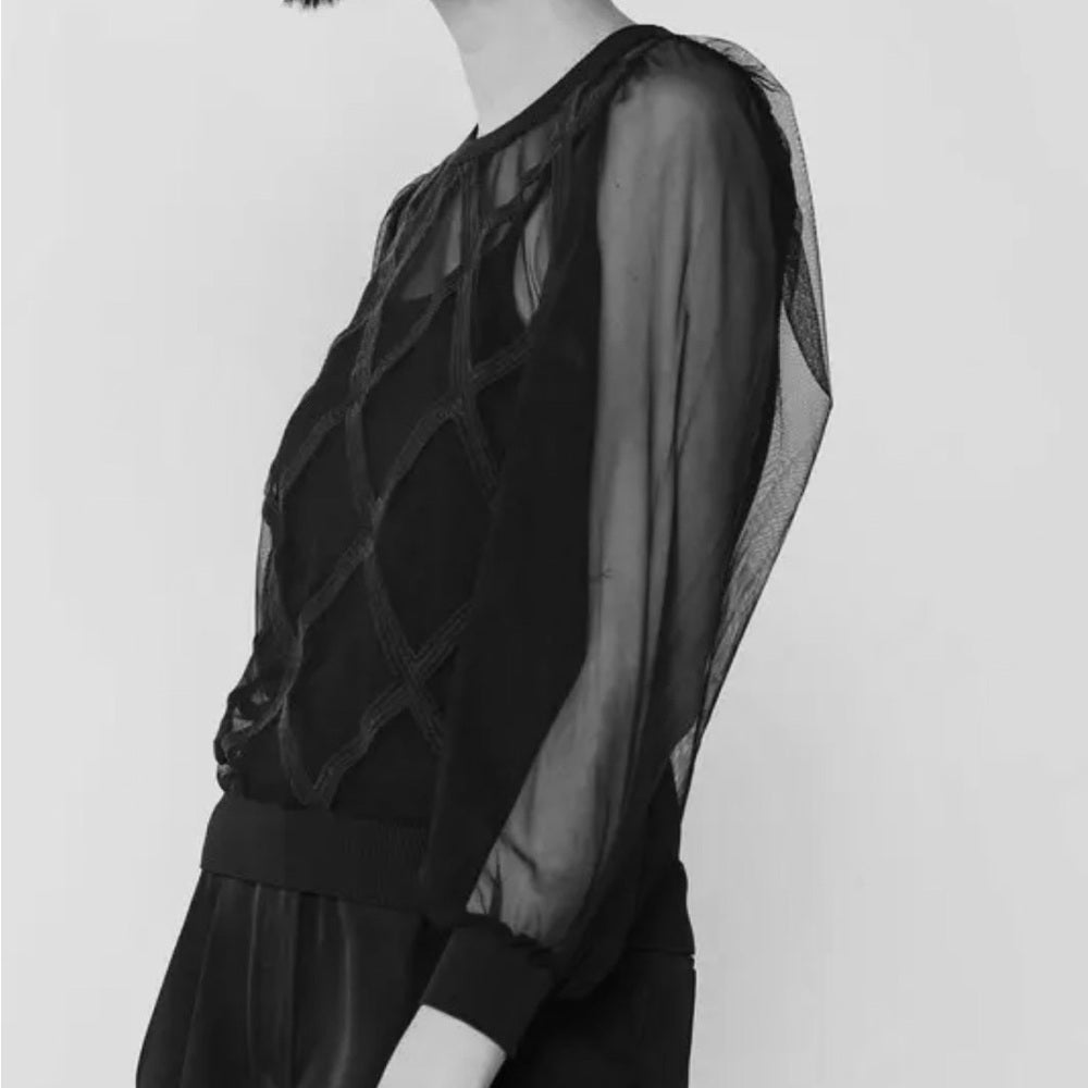 904. Current Air Black Sheer Diamond Print Sweater
