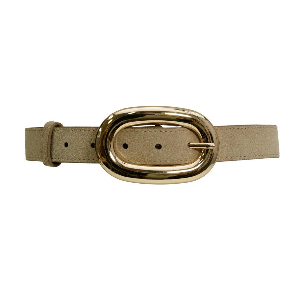 909. Large Gold Buckle Tan Real Suede Belt