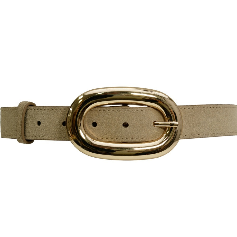 909. Large Gold Buckle Tan Real Suede Belt