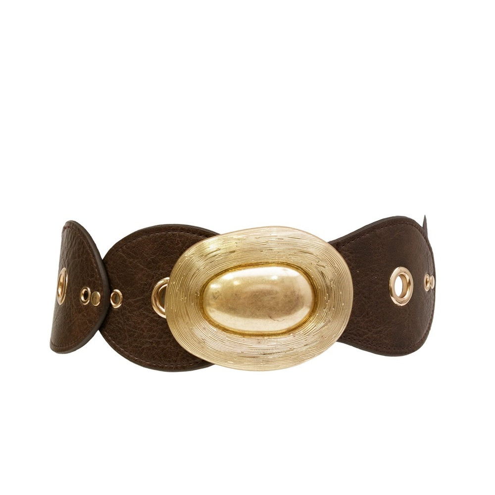 911. Elastic Waist Brown Belt with Gold Buckle