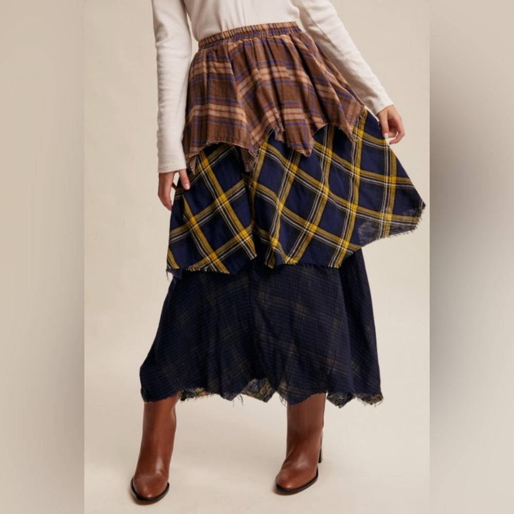 912. Plaid Layered Skirt in Brown and Blue