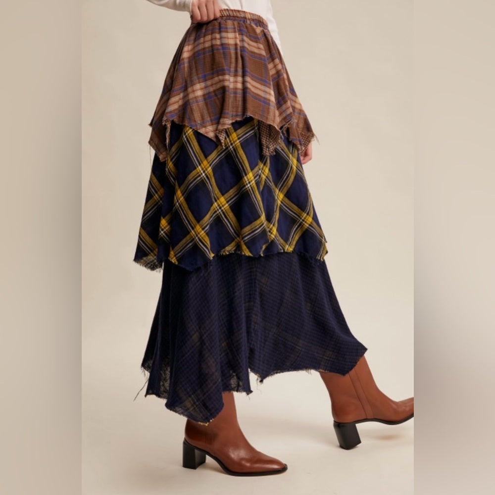 912. Plaid Layered Skirt in Brown and Blue