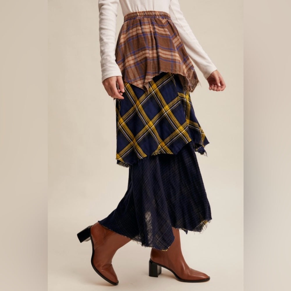 912. Plaid Layered Skirt in Brown and Blue
