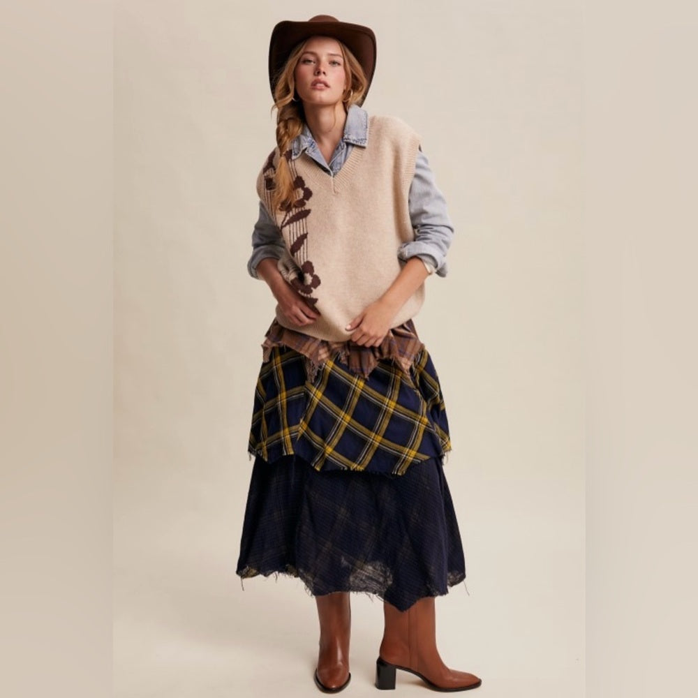 912. Plaid Layered Skirt in Brown and Blue