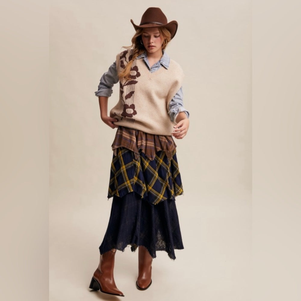 912. Plaid Layered Skirt in Brown and Blue