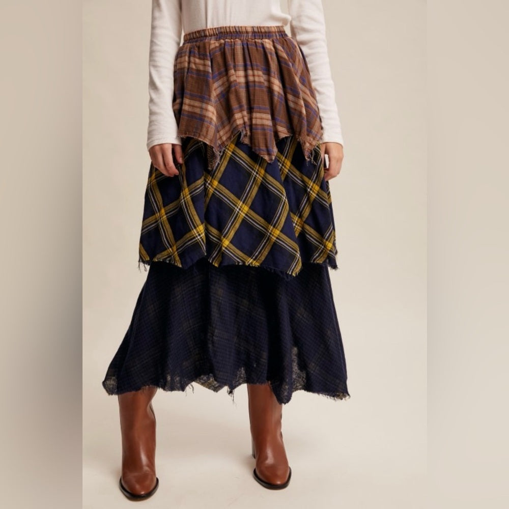 912. Plaid Layered Skirt in Brown and Blue