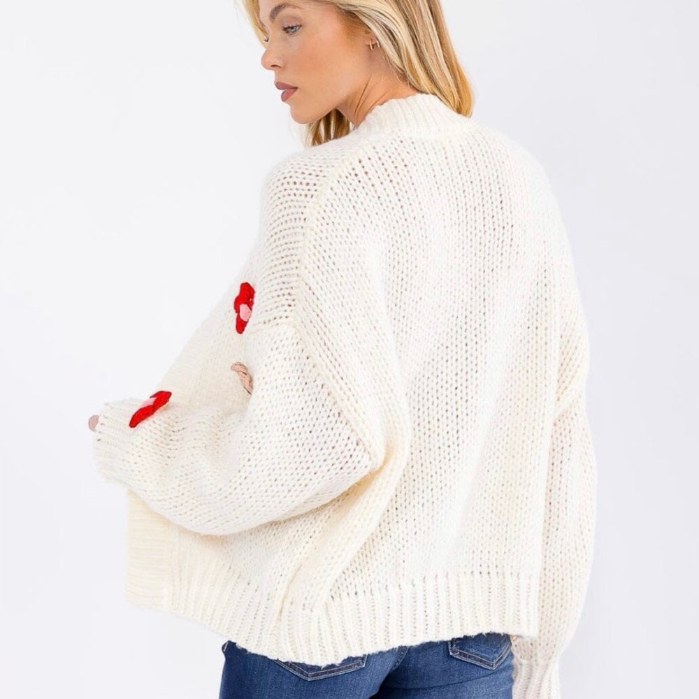 928. Cream Knit Women Sweater with Red 3D Flowers