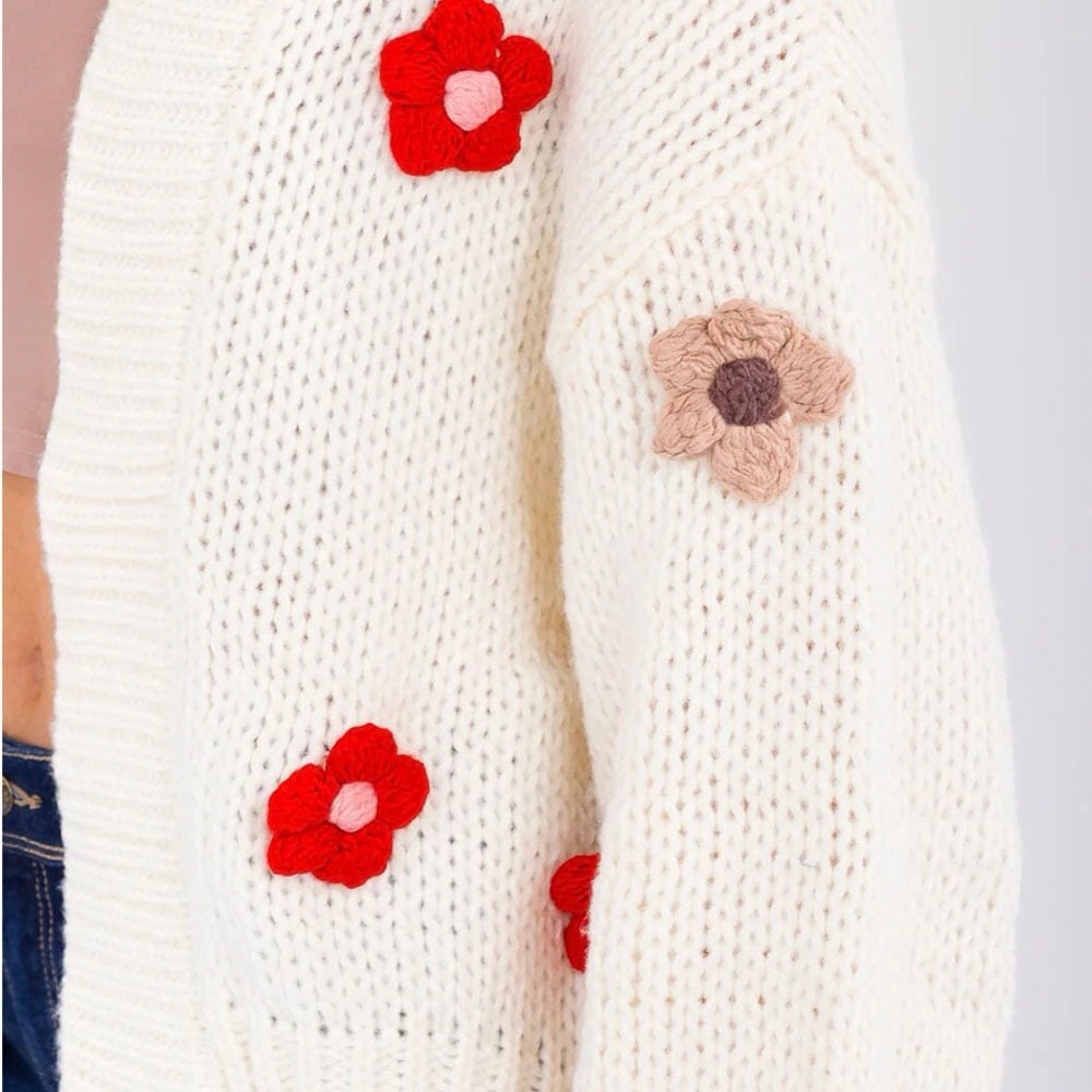 928. Cream Knit Women Sweater with Red 3D Flowers