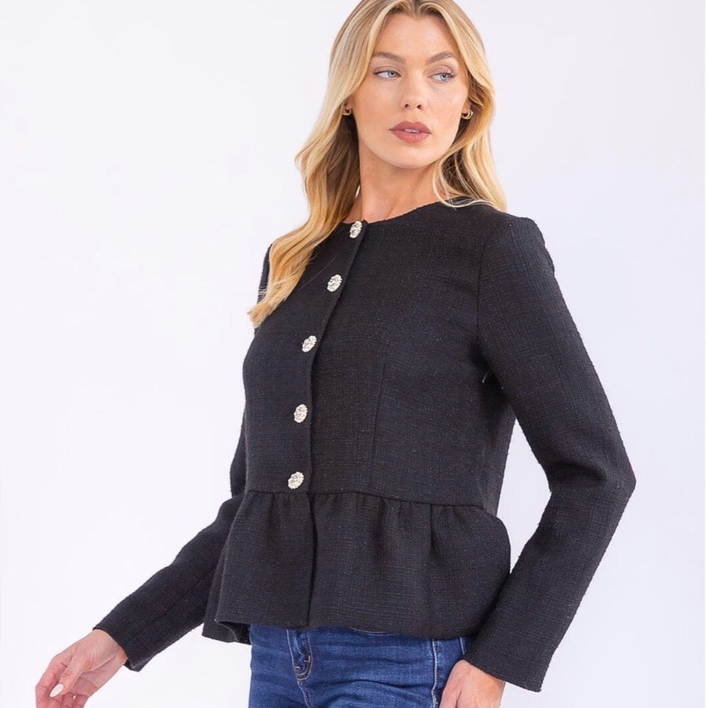 929. Black Peplum Button-Up Jacket