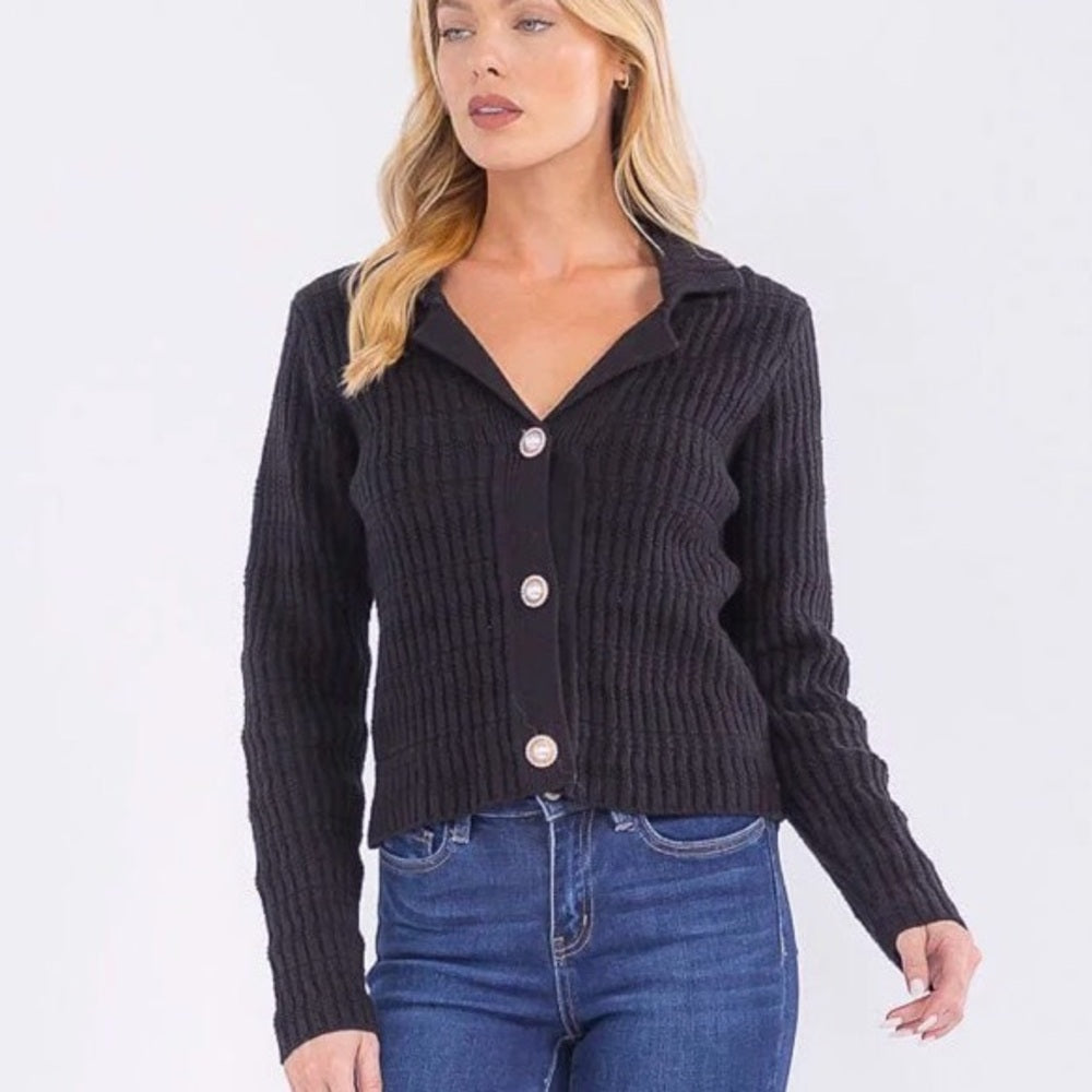 931. Black Ribbed Button-Up Sweater
