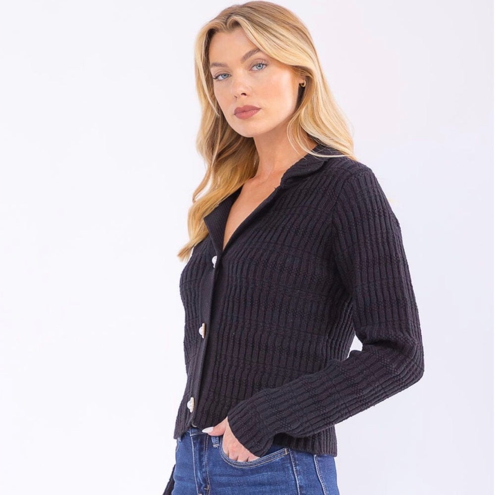 931. Black Ribbed Button-Up Sweater