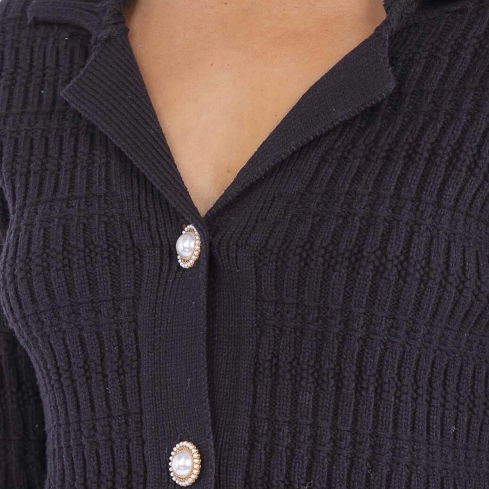 931. Black Ribbed Button-Up Sweater