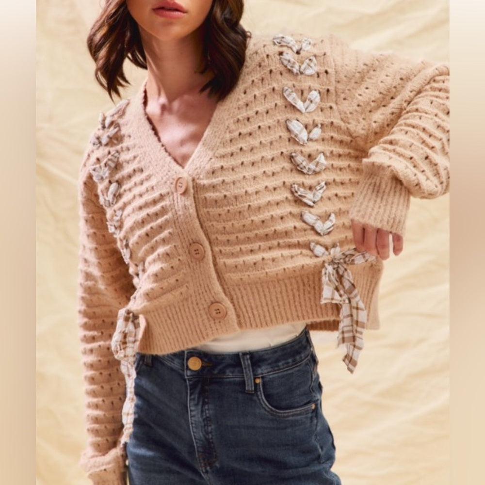 935. Cozy Tan Knit Sweater with plaid Bow Accents