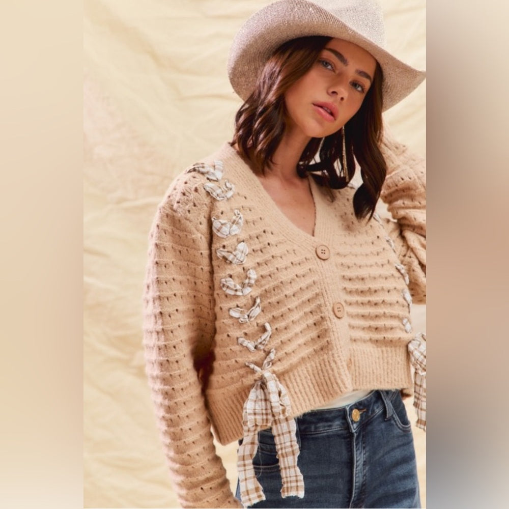 935. Cozy Tan Knit Sweater with plaid Bow Accents