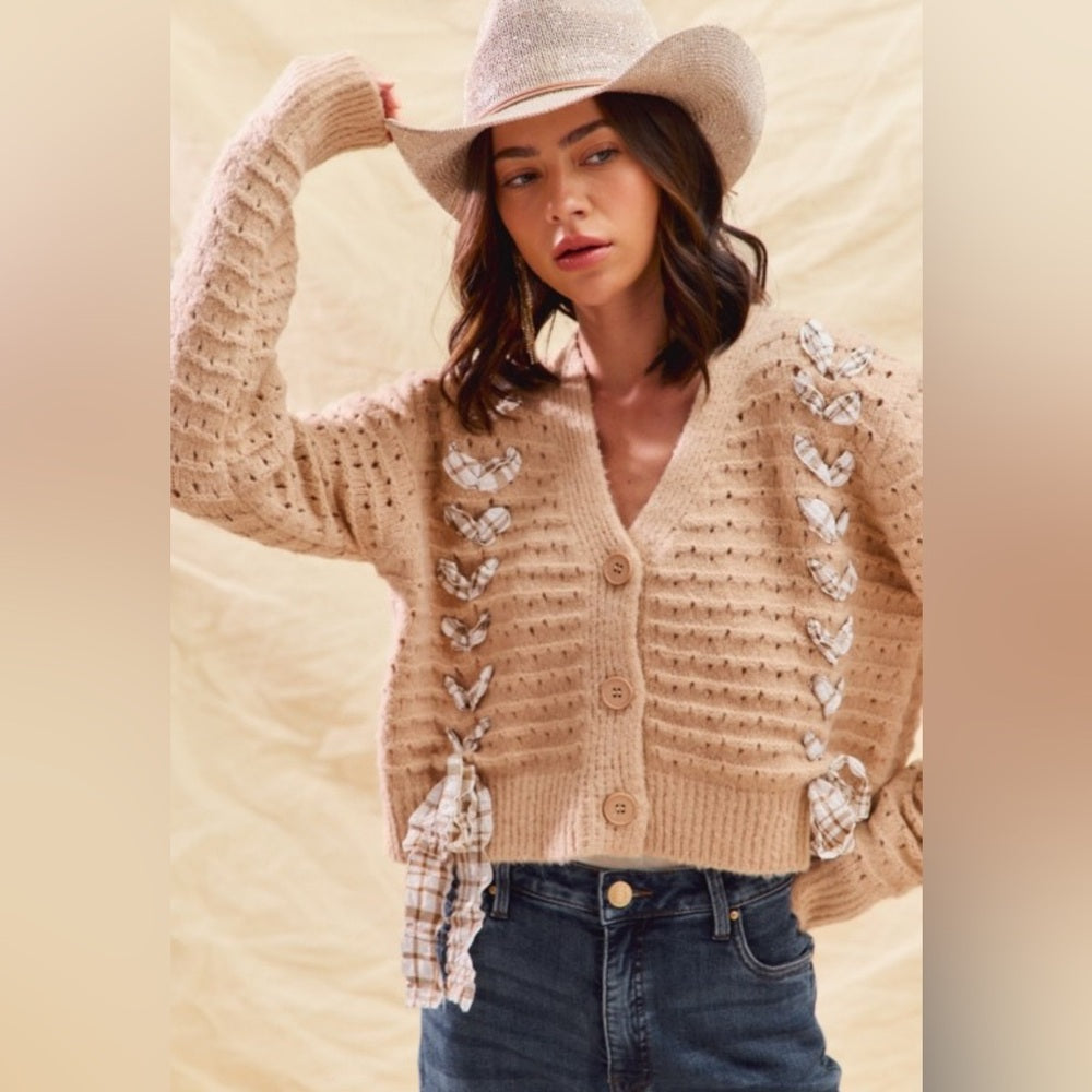 935. Cozy Tan Knit Sweater with plaid Bow Accents