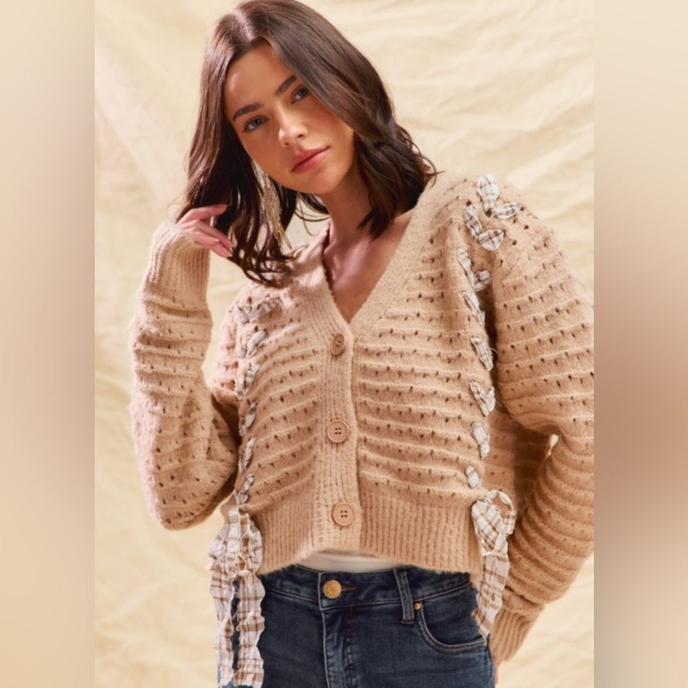 935. Cozy Tan Knit Sweater with plaid Bow Accents