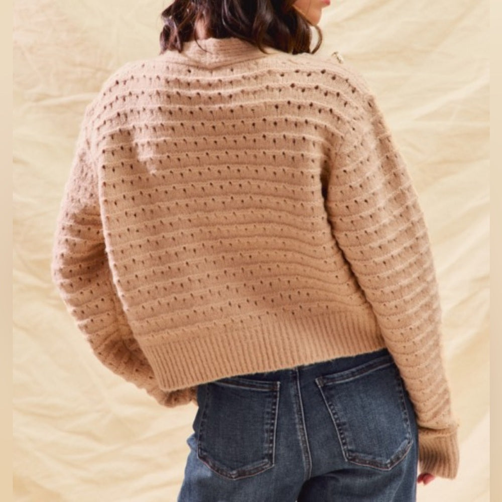 935. Cozy Tan Knit Sweater with plaid Bow Accents