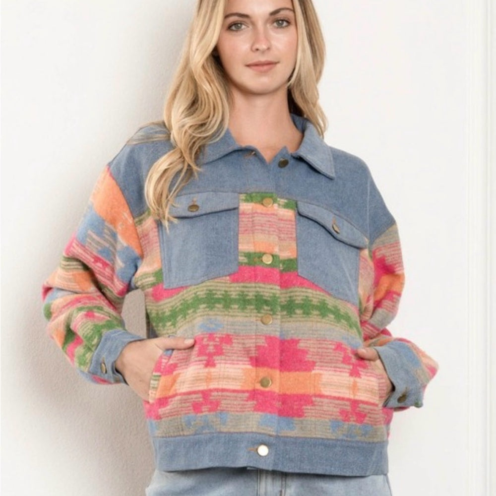 951. Pink & Blue Vintage Aztec Print Denim Jacket