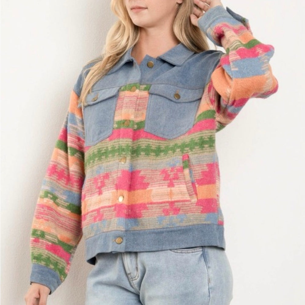 951. Pink & Blue Vintage Aztec Print Denim Jacket