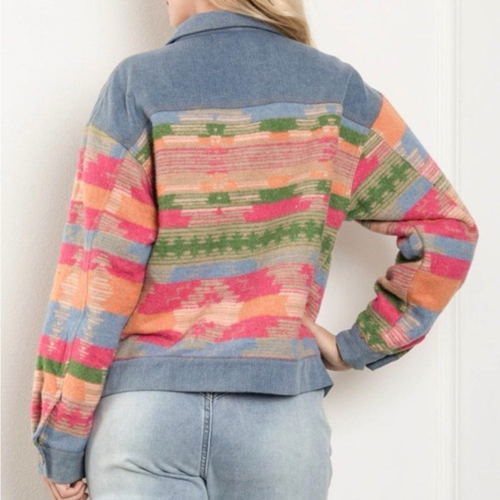951. Pink & Blue Vintage Aztec Print Denim Jacket
