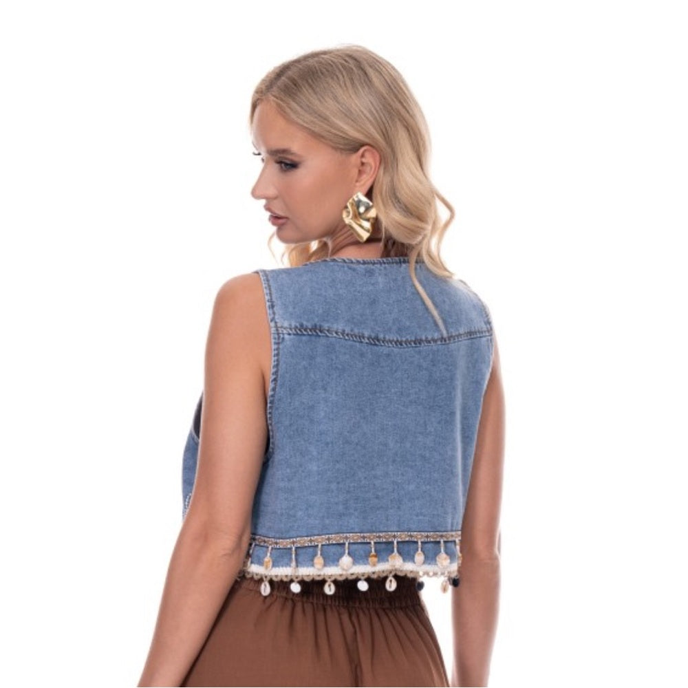 957. Boho Denim Vest with Beaded Shell Fringe
