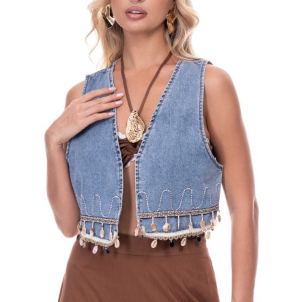 957. Boho Denim Vest with Beaded Shell Fringe