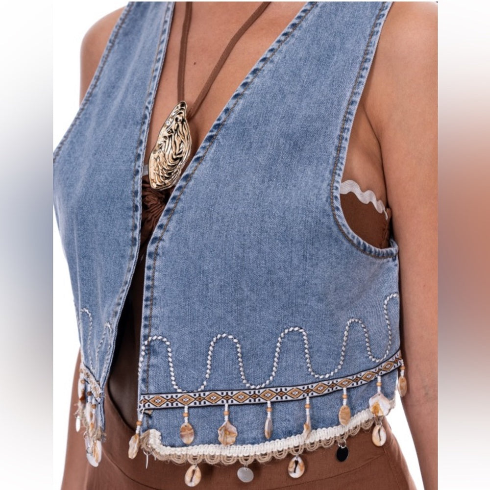 957. Boho Denim Vest with Beaded Shell Fringe