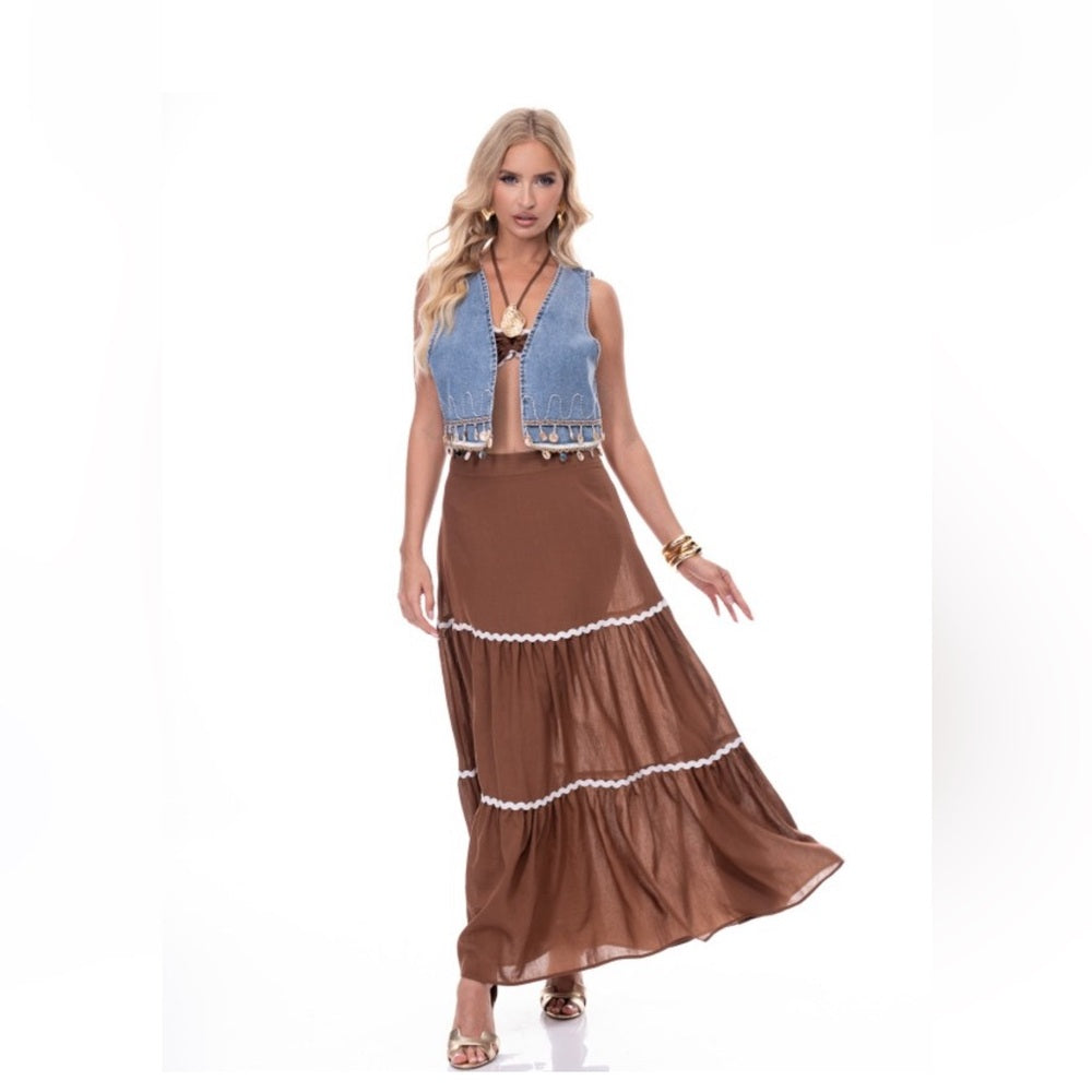 957. Boho Denim Vest with Beaded Shell Fringe